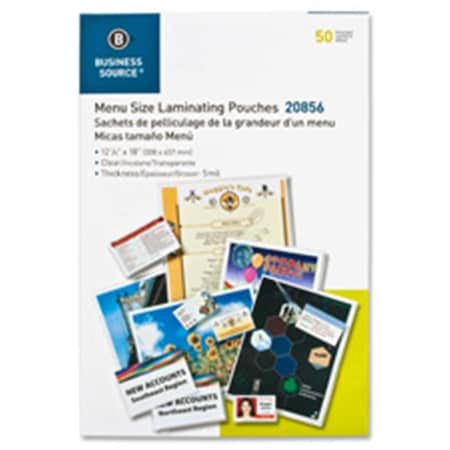 Business Source Business Source BSN20856 Laminating Pouch; Menu; 5Mil; 12.13 in. x 18 in.; 50-BX; Clear BSN20856